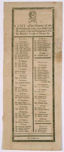 A List of the Names of the Provincials who were Killed and Wounded in the late Engagement with His Majesty`s Troops at Concord, &c. Broadside