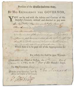 Authorization of payment from Massachusetts Governor Francis Bernard to Thomas Hutchinson, 10 December 1766 