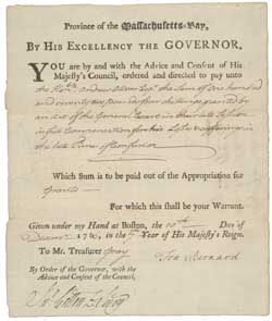 Authorization of payment from Massachusetts Governor Francis Bernard to Andrew Oliver, 10 December 1766 