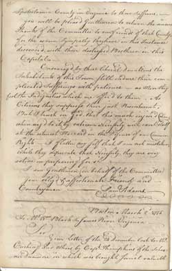 Letter from Samuel Adams of the Boston Committee of Donations to William Black of James River County, Virginia, (copy in letterbook volume 1), 2 March 1775, pages 133-135 