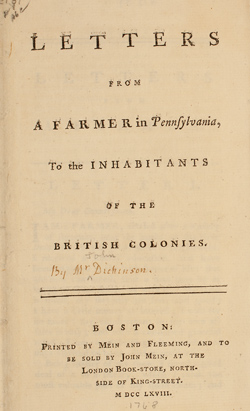 Letters from a Farmer in Pennsylvania, to the Inhabitants of the British Colonies. Pamphlet