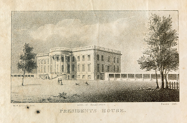 Lithograph of White House affixed inside front cover of JQA’s Diary 37