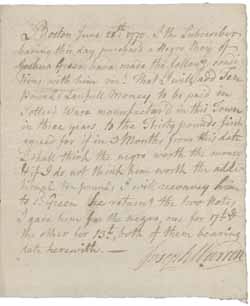 Agreement of Joseph Warren with Joshua Green regarding payment for an enslaved person, 28 June 1770 