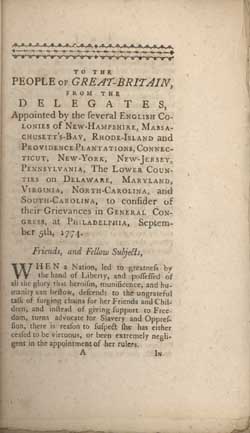 `To the People of Great Britain ...` and `To the Inhabitants of the Colonies ...` 