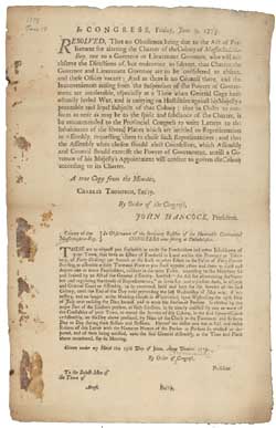 In Congress, Friday, June 9, 1775.  Resolved, That no Obedience being due to the Act of Parliament for altering the Charter of the Colony of Massachusetts-Bay ... Broadsheet