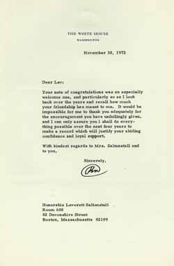 Letter from Richard Nixon to Leverett Saltonstall, 30 November 1972 