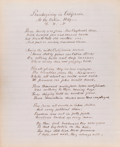 Thanksgiving in California, At the Cabin 1849 Manuscript poem