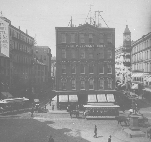 `Adams Sq. looking up Cornhill & Brattle St.` Lantern slide