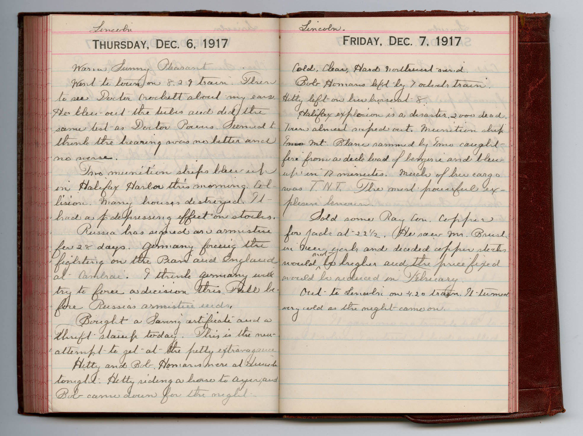 Henry Adams diary, two pages with entries for 6-7 December 1917 