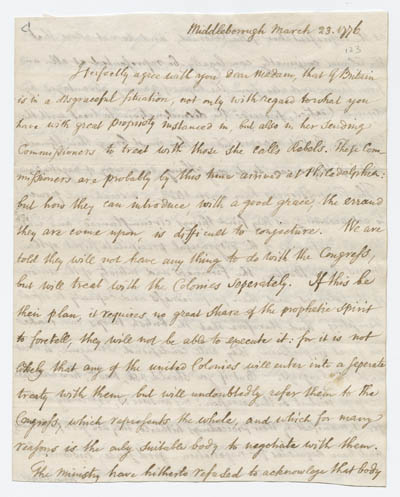 Letter from James Bowdoin to Mercy Otis Warren, 23 March 1776 