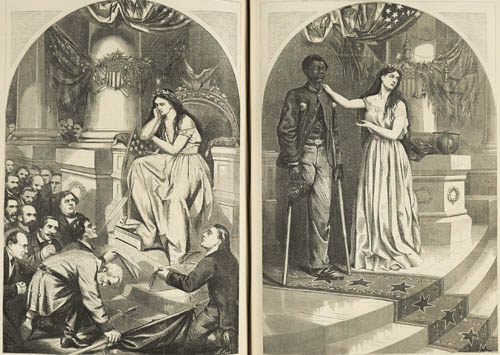 `Pardon. Columbia—`Shall I Trust These Men, [Left page] Franchise. And Not This Man?`` [Right page] Engraving