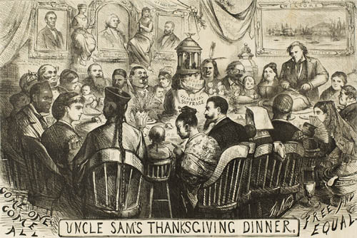 Uncle Sam`s Thanksgiving Dinner. Engraving