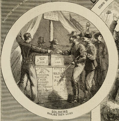 `Soldiers Mailing Their Votes.` [Detail from `Election-Day. 8th November.`] Engraving